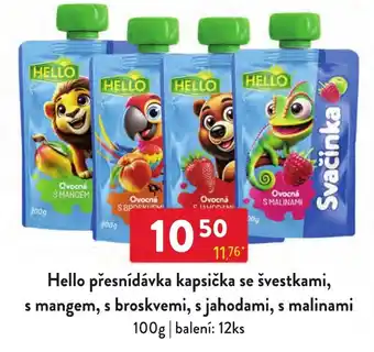 Hello přesnídávka kapsička se švestkami, s mangem, s broskvemi, s jahodami, s malinami