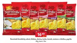 Qanto Staročeské brambůrky solené, klobása, slanina, šunka, česnek, smetana s cibulkou, paprika nabídka