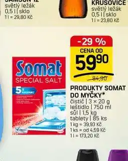 Flop SOMAT DO MYČKY* čistič | 3 x 20 g leštidlo | 750 ml sůl 1,5 kg tablety | 85 ks nabídka
