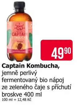 Teta Captain Kombucha, jemně perlivý fermentovaný bio nápoj ze zeleného čaje s příchutí broskve nabídka