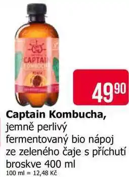 Teta Captain Kombucha, jemně perlivý fermentovaný bio nápoj ze zeleného čaje s příchutí broskve nabídka