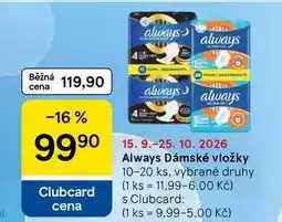 Tesco Always Dámské vložky, 10-20 ks, vybrané druhy nabídka