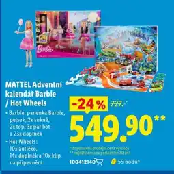 Lidl MATTEL Adventní kalendář Barbie / Hot Wheels nabídka