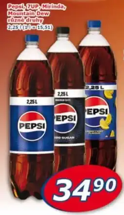 ESO MARKET Pepsi, 7UP, Mirinda, Mountain Dew různé druhy nabídka