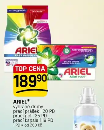 Ariel vybrané druhy prací prášek prací gel prací kapsle