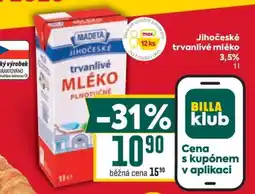 Billa Jihočeské Trvanlivé mléko 3,5% nabídka