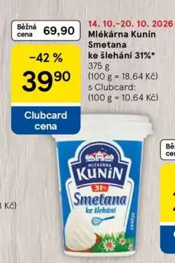 Tesco Mlékárna Kunín Smetana ke šlehání 31% nabídka