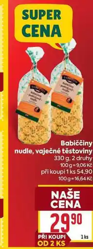Billa Babiččiny nudle, vaječné těstoviny nabídka