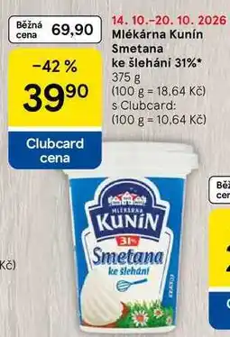 Tesco Mlékárna Kunín Smetana ke šlehání 31% nabídka