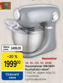 Tesco Hausmeister HM 5601 Kuchyňský robot, 1000 W, objem mísy 5 l, 7 rychlostí. s příslušenstvím nabídka