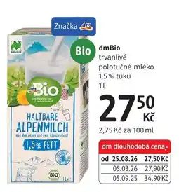 dm drogerie dmBio trvanlivé polotučné mléko nabídka