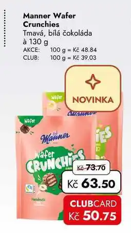 TRAVEL FREE Manner Wafer Crunchies Tmavá, bílá čokoláda à 130 g Kč 63.50 CLUBCARD Kč 50.75 nabídka