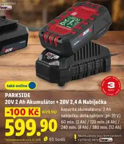 Lidl PARKSIDE 20V 2 Ah Akumulátor + 20V 2,4 A Nabíječka nabídka