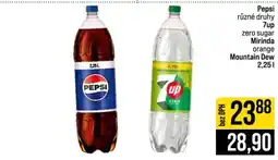 Jip Pepsi různé druhy 7up zero sugar Mirinda orange Mountain Dew 2,25l nabídka