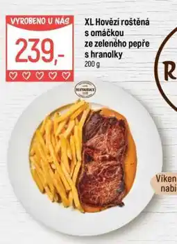Globus XL Hovězí roštěná s omáčkou ze zeleného pepře s hranolky nabídka