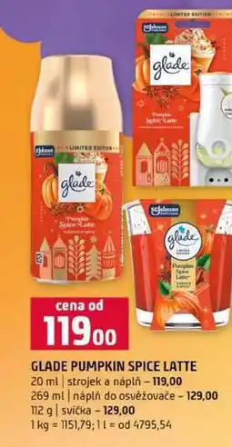 Terno GLADE PUMPKIN SPICE LATTE 20 ml strojek a náplň 269 ml náplň do osvěžovače 112 g svíčka nabídka