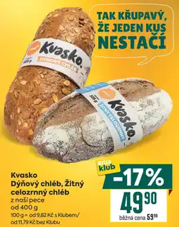 Billa Kvasko Dýňový chléb, Žitný celozrnný chléb z naší pece od nabídka