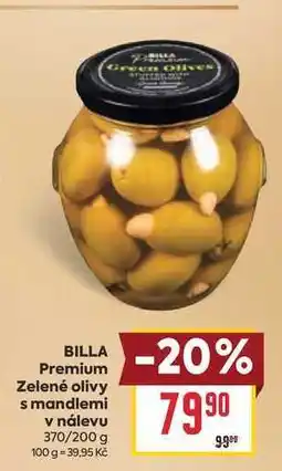Billa BILLA Premium Zelené olivy s mandlemi v nálevu 370/200 g nabídka