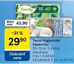 Tesco Tento Hygienické kapesníky, 10x 10 ks. 3 vrstvy. dva druhy nabídka