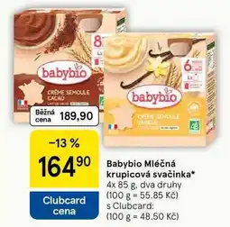 Tesco Babybio Mléčná krupicová svačinka, 4x 85 g, dva druhy nabídka