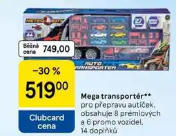 Tesco Mega transportér, pro přepravu autíček, obsahuje 8 prémiových a 6 promo vozidel. 14 doplňků nabídka