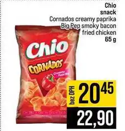 Jip Chio snack Cornados creamy paprika Big Pep smoky bacon fried chicken nabídka
