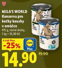 Lidl MILA'S WORLD Konzerva pro kočky kousky v omáčce nabídka