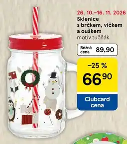 Tesco Sklenice s brčkem, víčkem a ouškem motiv tučňák nabídka