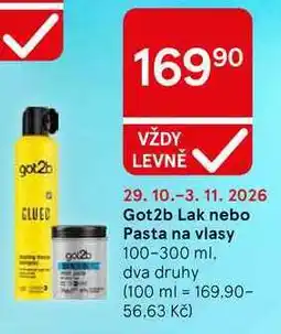 Tesco Got2b Lak nebo Pasta na vlasy, 100-300 ml, dva druhy nabídka