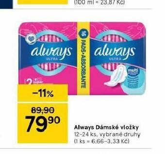 Tesco Always dámské vložky nabídka