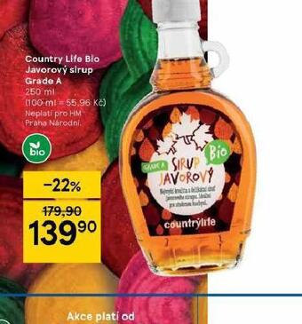 Tesco Country life bio javorový sirup grade a nabídka