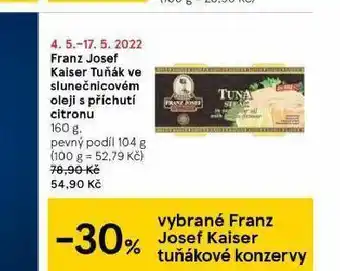Tesco Franz josef kaiser tuňák ve slunečnicovém oleji s příchutí citronu nabídka