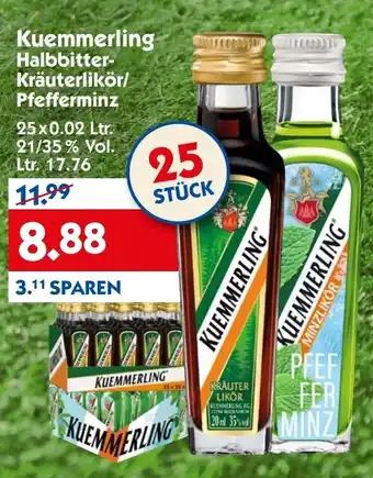 Hol'ab Getränkemarkt Kuemmerling Halbbitter Kräuterlikör/Pfefferminz 25x0,02L Angebot