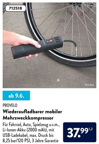 Aldi Nord Provelo Wiederaufladbarer mobiler Mehrzweckkompressor Angebot