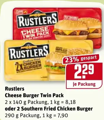 REWE Center Rustlers Cheese Burger Twin Pack 2x140g oder 2 Southern Fried Chicken Burger 290g Angebot