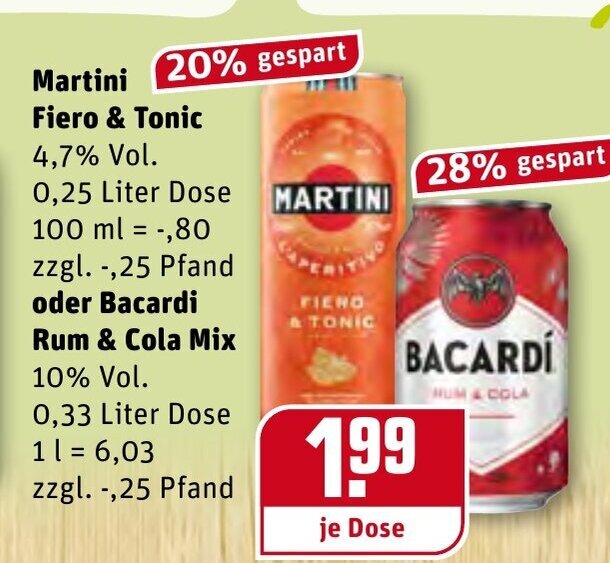 Martini Fiero & Tonic oder Bacardi Rum & Cola Mix Angebot bei REWE Center