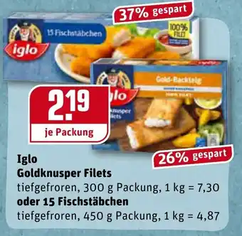 REWE Center Iglo Goldknusper Filets 300g oder 15 Fischstäbchen 450g Angebot