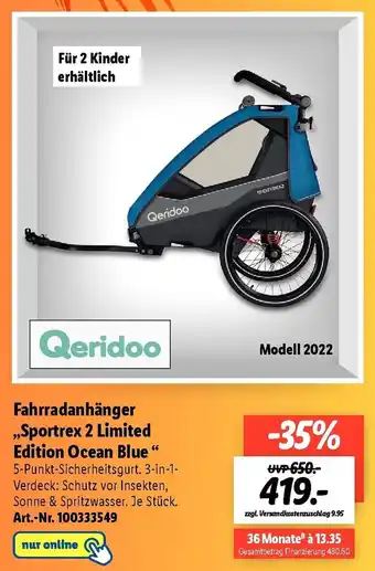 Lidl Qeridoo Fahrradanhänger ,,Sportrex 2 Limited Edition Ocean Blue" Angebot