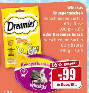 REWE Whiskas Knuspertaschen 60g oder Dreamies Snack 60g Angebot