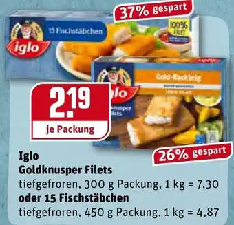 REWE Iglo Goldknusper Filets 300g oder 15 Fischstäbchen 450g Angebot