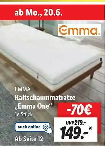 Lidl Emma Kaltschaummatratze „emma One” Angebot