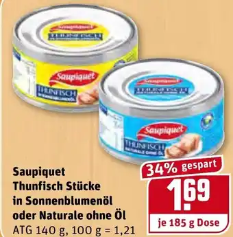 REWE Saupiquet Thunfisch Stücke in Sonnenblumenöl oder Naturale ohne öl 185g Angebot