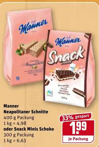 REWE Manner Neapolitaner Schnitte 400g oder Snack Minis Schoko 300g Angebot