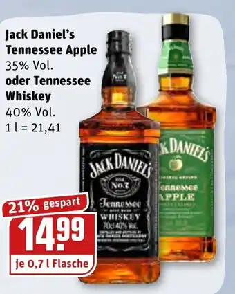 REWE Kaufpark Jack Daniel's Tennessee Apple oder Tennessee Whiskey 0,7L Angebot