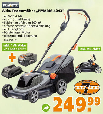 Globus Baumarkt Primaster Akku Rasenmäher ,,PMARM 4043" Angebot