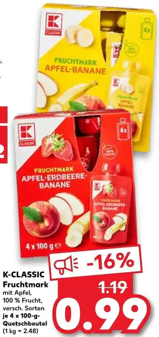 Kaufland K-Classic Fruchtmark 4x100 g Quetschbeutel Angebot