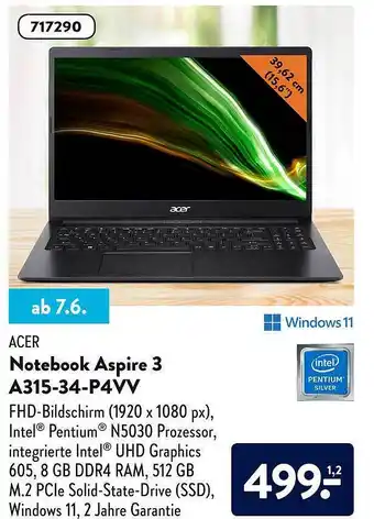 Aldi Süd Acer Notebook Aspire 3 A315-34-94vv Angebot