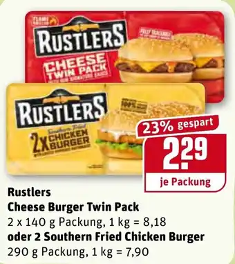 REWE Kaufpark Rustlers Cheese Burger Twin Pack 2x140g oder 2 Southern Fried Chicken Burger 290g Angebot