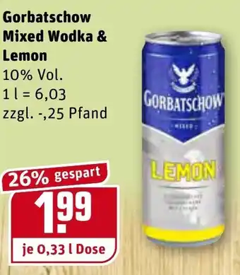 REWE Kaufpark Gorbatschow Mixed Wodka & Lemon 0,33L Angebot