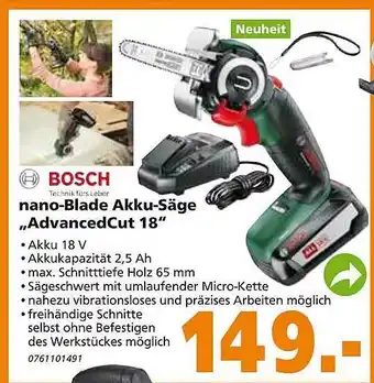 Globus Baumarkt Bosch nano-Blade Akku-Säge ,,AdvancedCut 18" Angebot